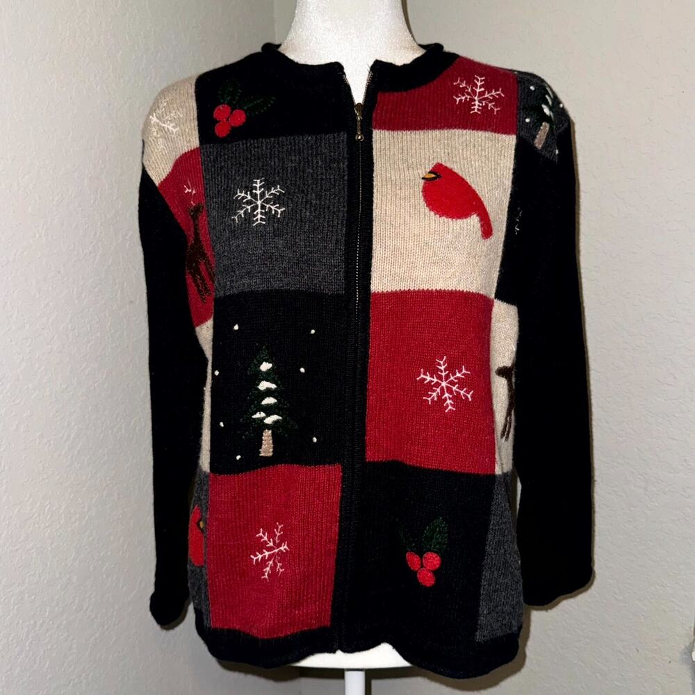Croft & Barrow Christmas Sweater Women's Medium Patchwork Long Sleeve Full Zip